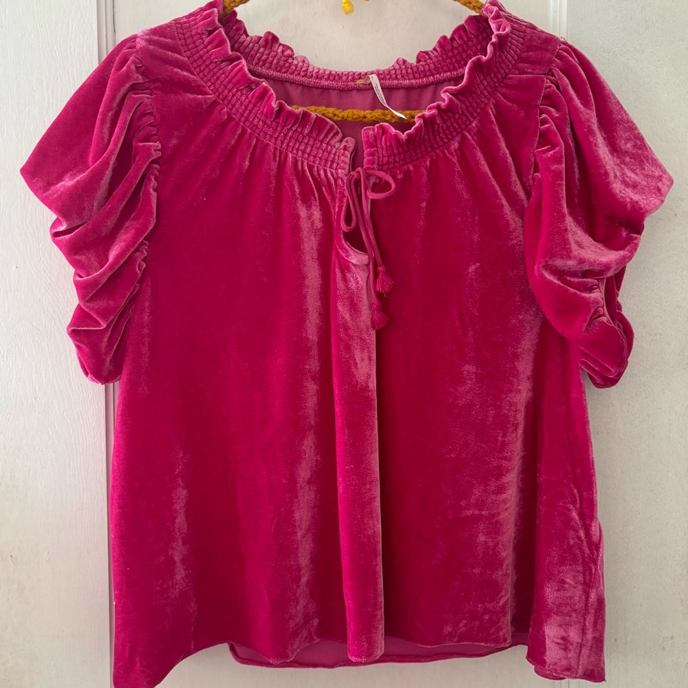 Free People Pink Puff Sleeve Ruffled Blouse